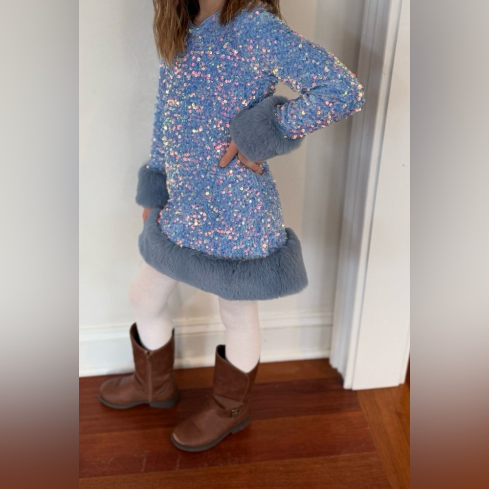 Lola + the boys Celeste sequin dress blue fur detail light blue - Picture 6 of 6